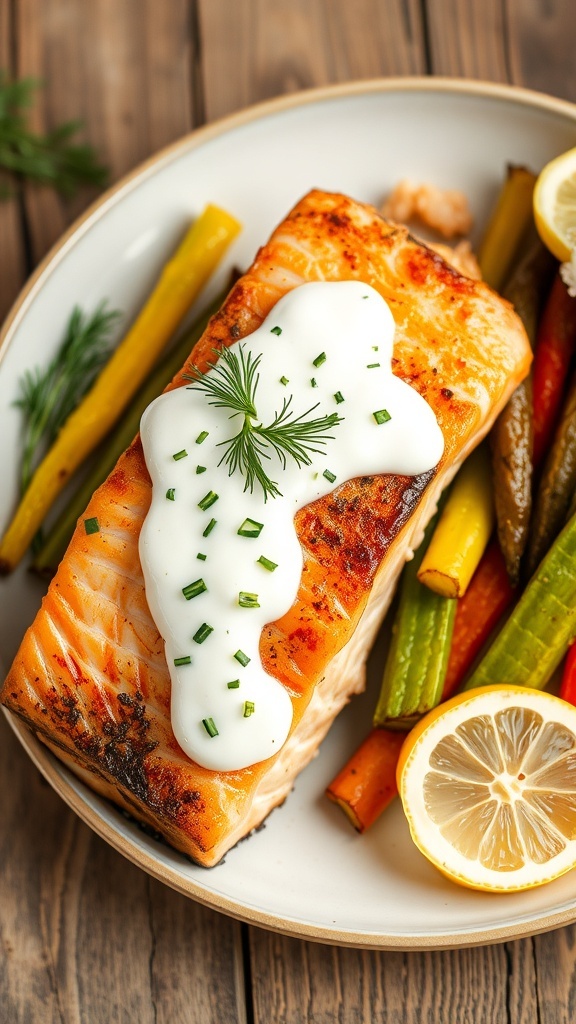 Air Fryer Salmon with Dill Sauce Air fryer salmon fillet with dill sauce, garnished with lemon and dill, served with vegetables on a wooden table.